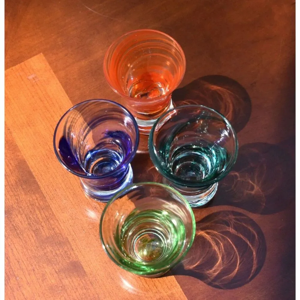 Set of 4 Vintage Swirl Art Glass Shot Glasses - Colorful Hand Blown Barware
